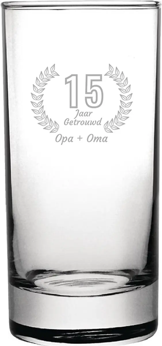 Gegraveerde Longdrinkglas 28,5cl Opa + Oma 15 jaar getrouwd