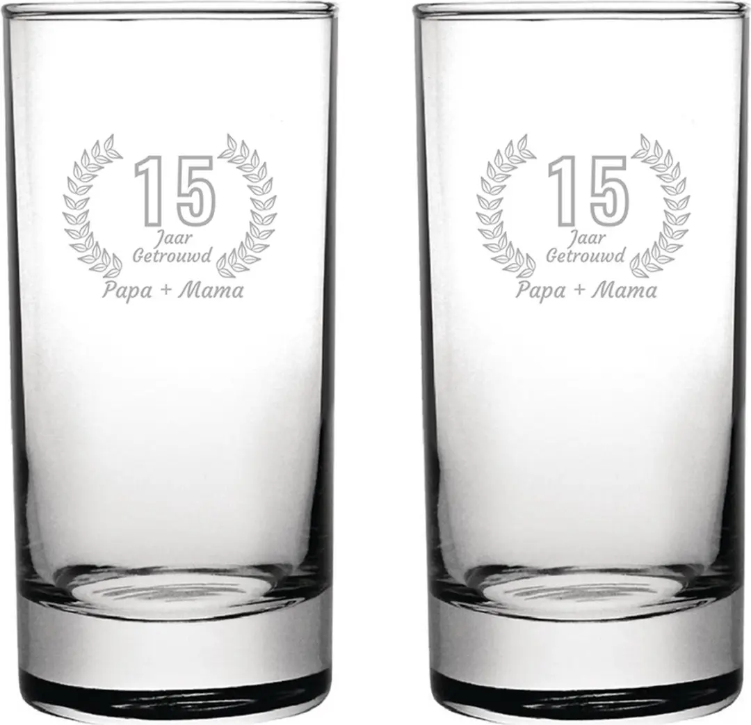 Gegraveerde set Longdrinkglazen 28,5cl Papa + Mama 15 jaar getrouwd