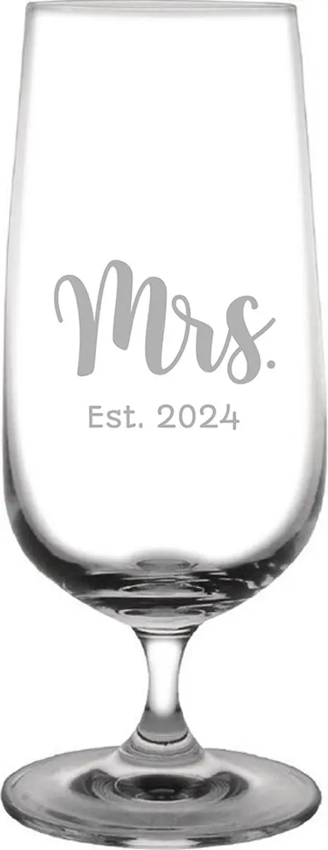 Gegraveerde Bierglas op voet 41cl Mrs. Est. 2024