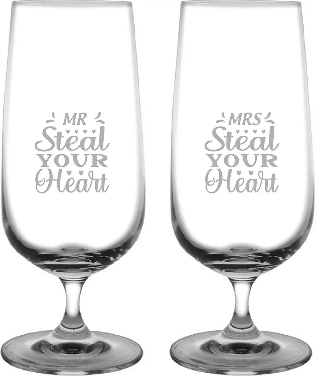 Gegraveerde set Bierglazen op voet 41cl Mr. Steal your heart