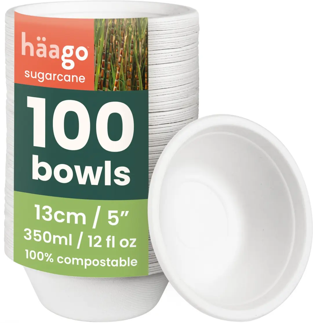 Haago – 100 Suikerriet Schaaltjes, 350ml – Biologisch Afbreekbaar & Thuis Composteerbaar – Sterk & Waterdicht – Soepkommen – Wegwerp