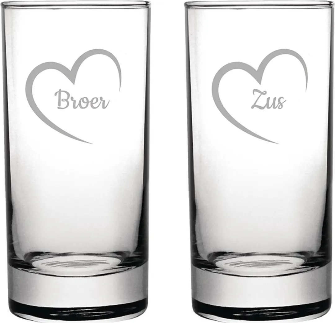 Gegraveerde longdrinkglas 28,5cl Broer met hartje & Zus met hartje