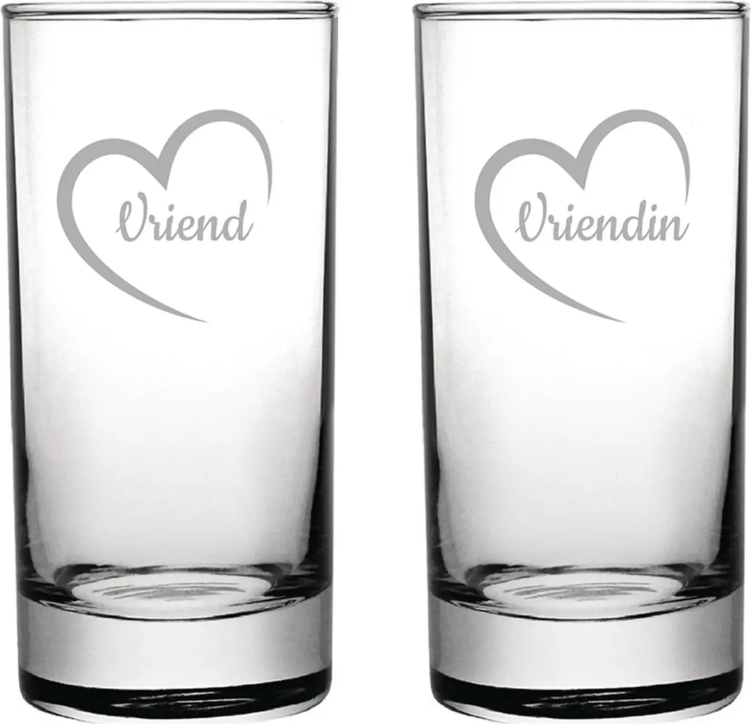 Gegraveerde Longdrinkglas 28,5cl Vriend met hartje & Vriendin met hartje