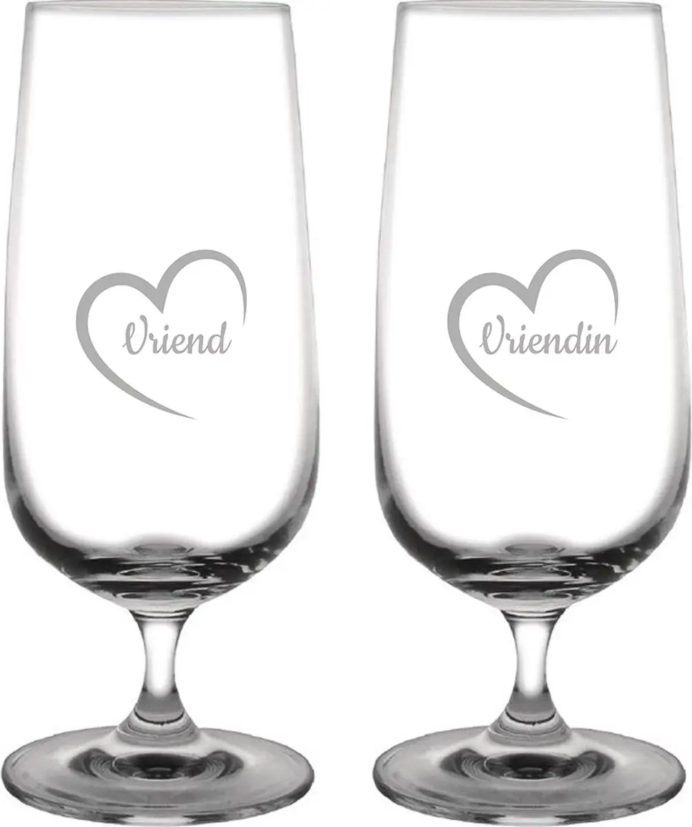Gegraveerde Bierglas op voet 41cl Vriend met hartje & Vriendin met hartje