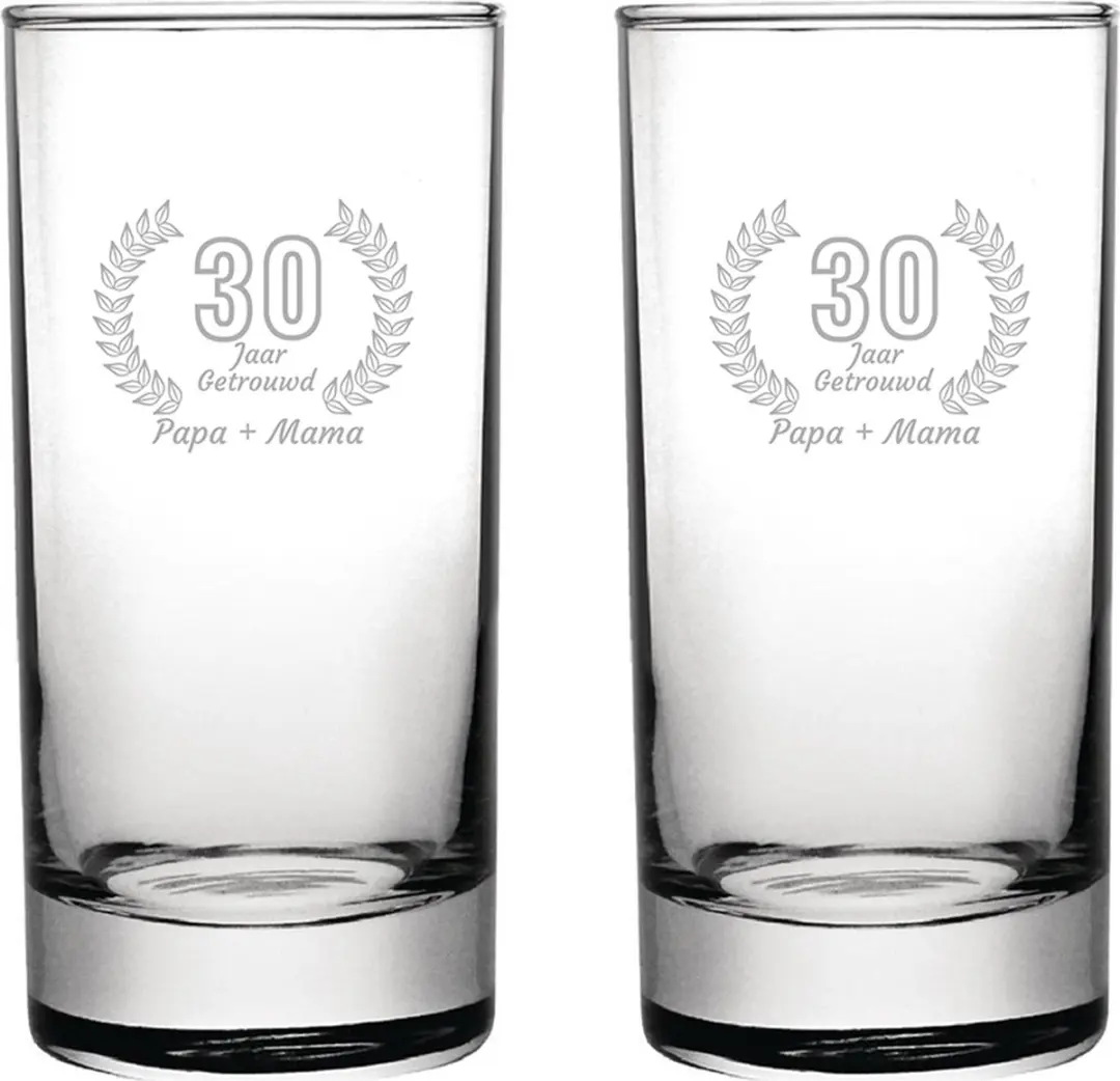 Gegraveerde set Longdrinkglazen 28,5cl Papa + Mama 30 jaar getrouwd