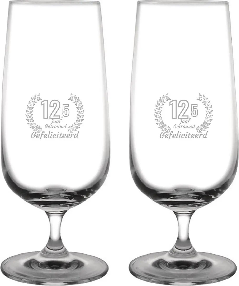Gegraveerde set bierglazen op voet 41cl Gefeliciteerd 12,5 jaar getrouwd