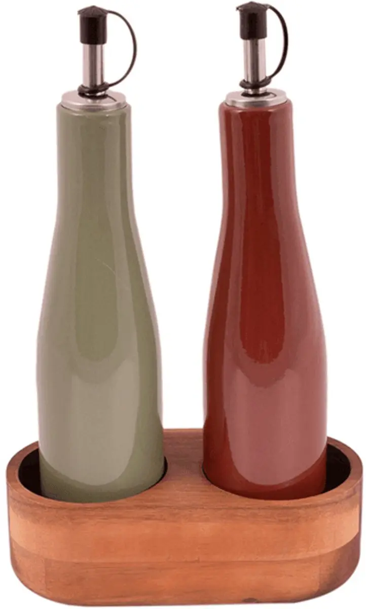 Point Virgule Set van olie- en azijnfles uit steengoed en houder uit acacia 16x8
