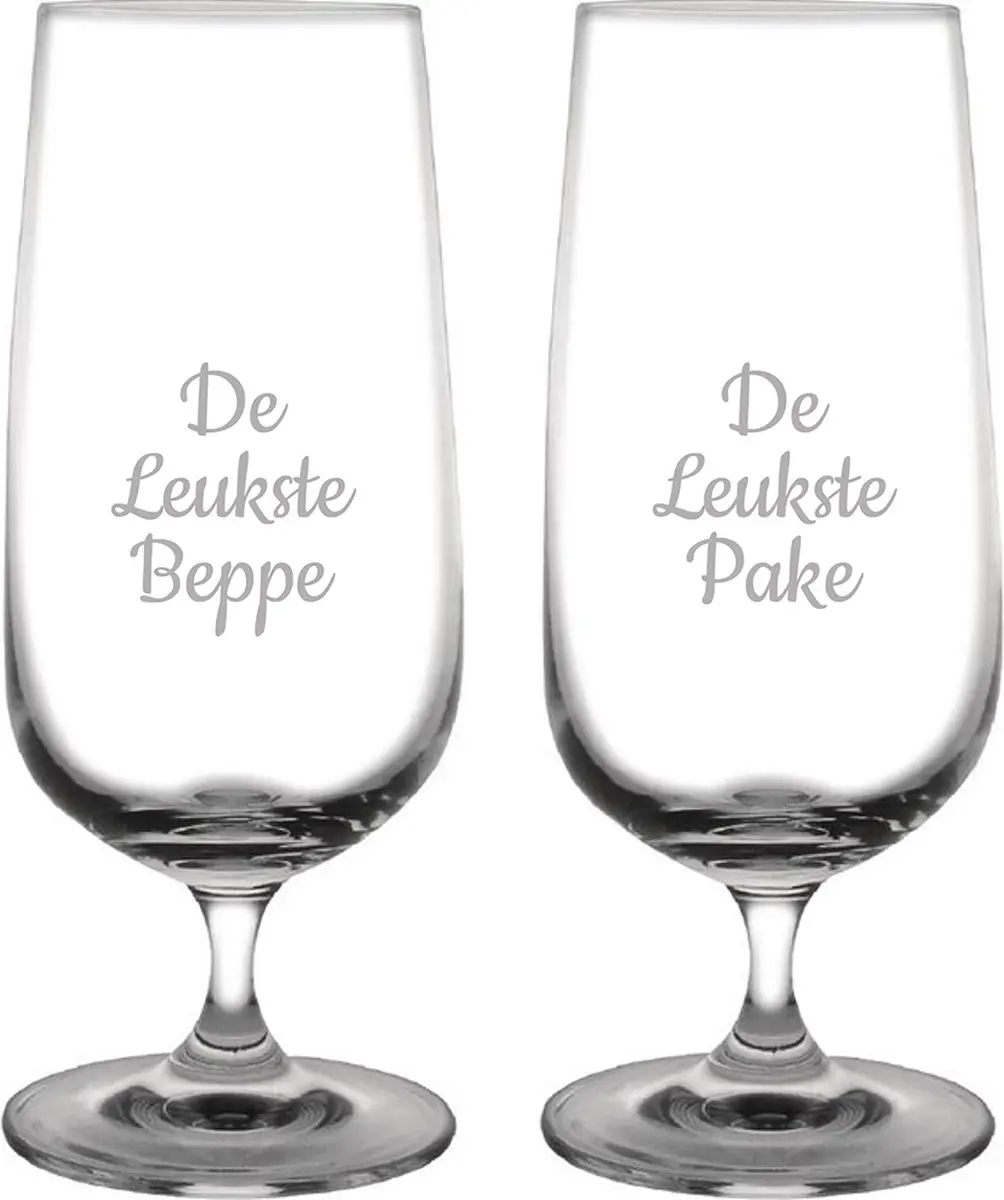 Gegraveerde bierglas op voet 41cl De Leukste Pake- De Leukste Beppe