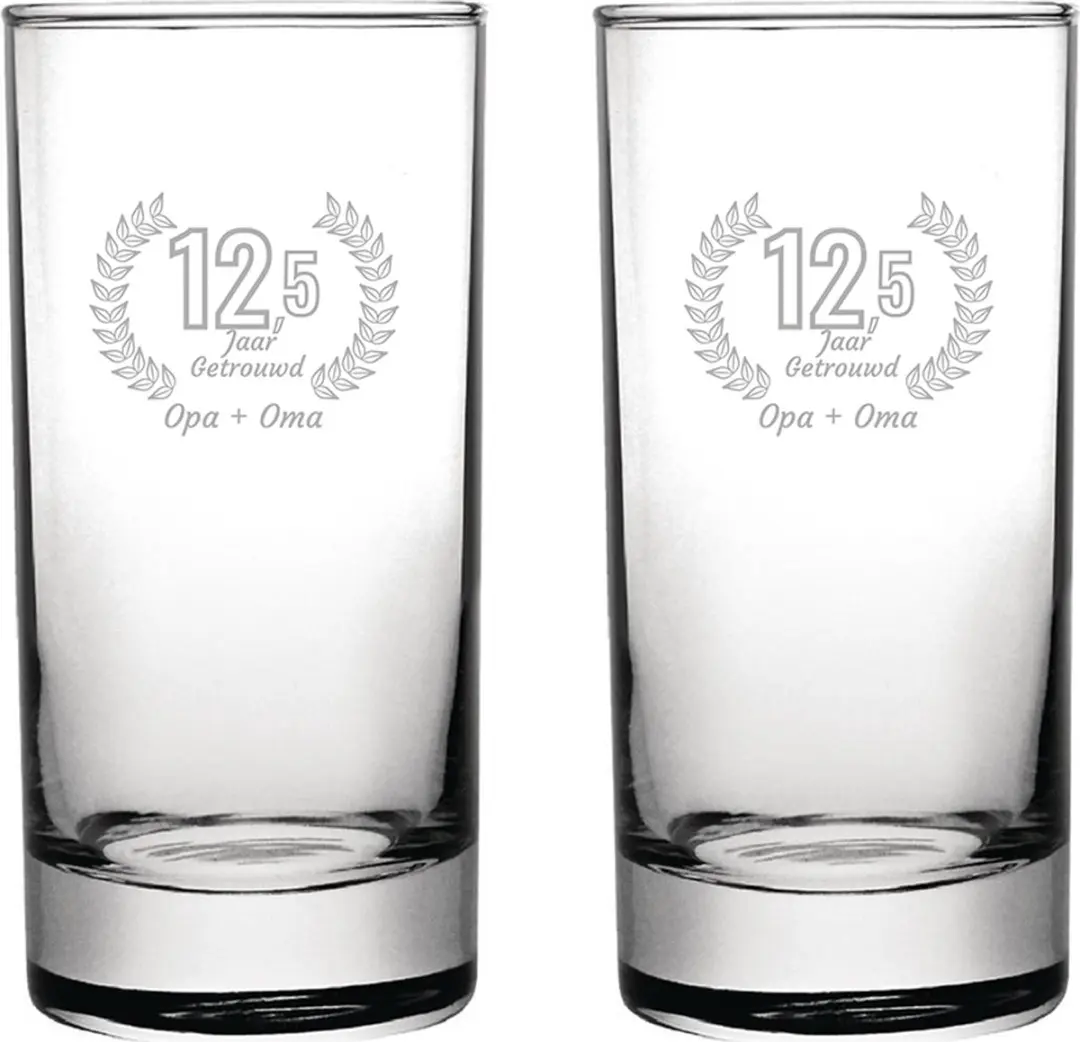 Gegraveerde set Longdrinkglazen 28,5cl Opa + Oma 12,5 jaar getrouwd