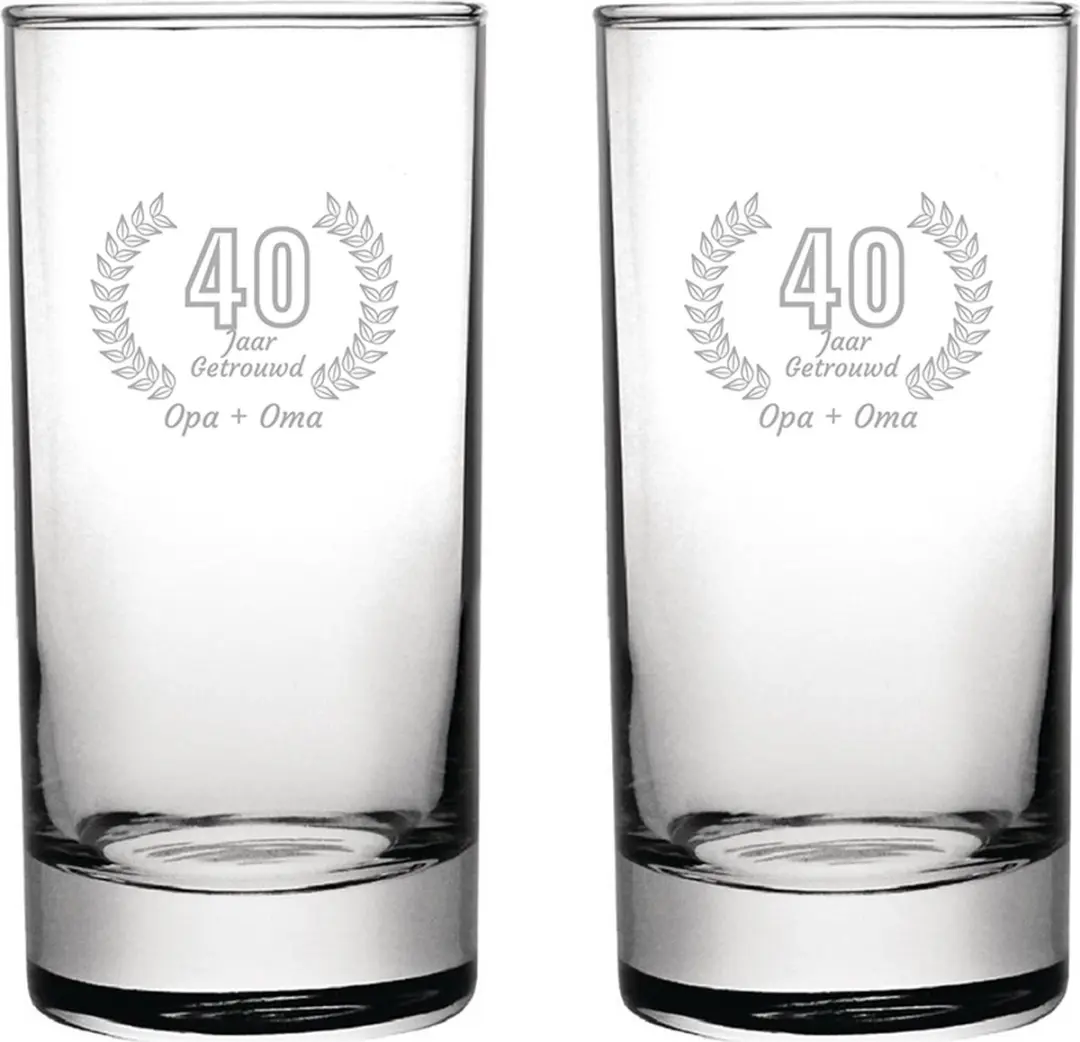 Gegraveerde set Longdrinkglazen 28,5cl Opa + Oma 40 jaar getrouwd
