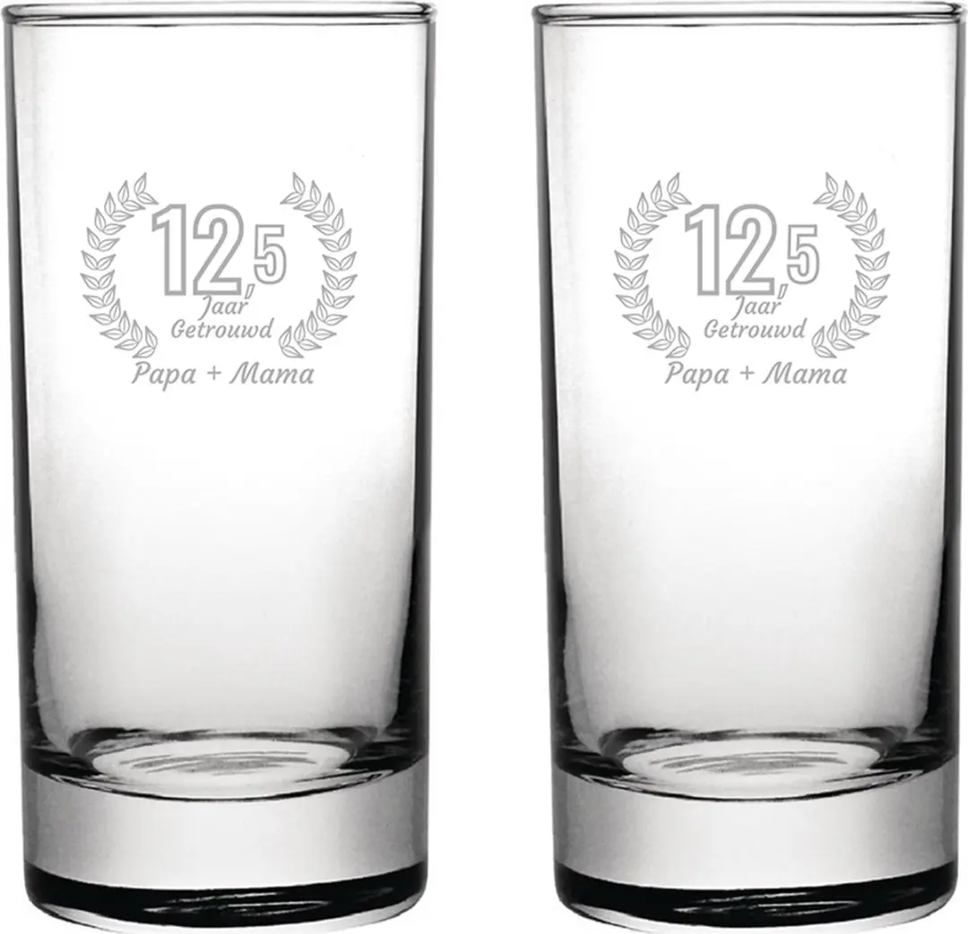 Gegraveerde set Longdrinkglazen 28,5cl Papa + Mama 12,5 jaar getrouwd