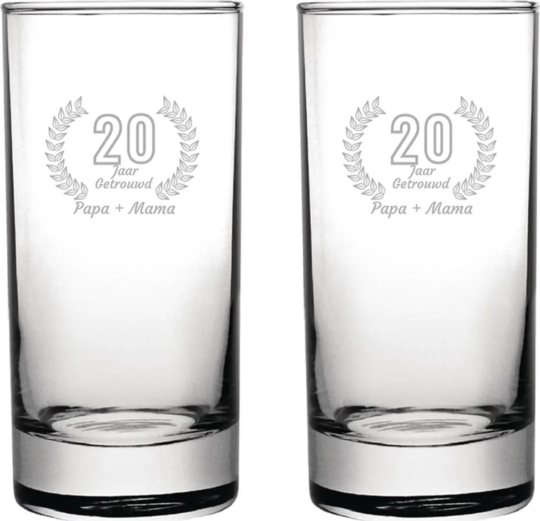 Gegraveerde set Longdrinkglazen 28,5cl Papa + Mama 20 jaar getrouwd