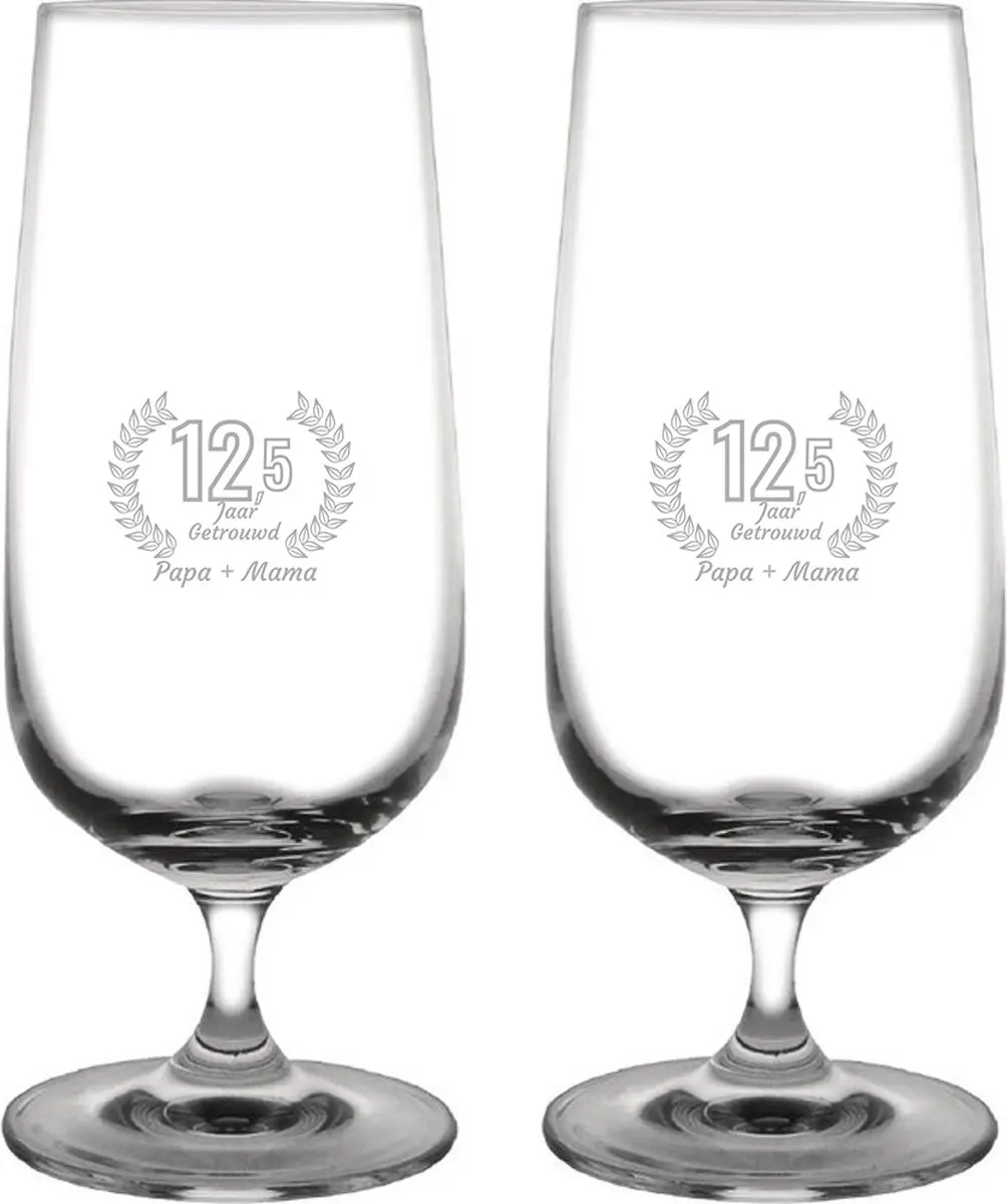 Gegraveerde set bierglazen op voet 41cl Papa + Mama 12,5 jaar getrouwd