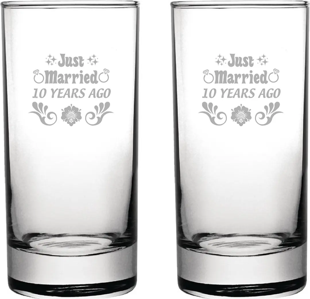 Gegraveerde set longdrinkglazen 28,5cl Just Married 10 years ago