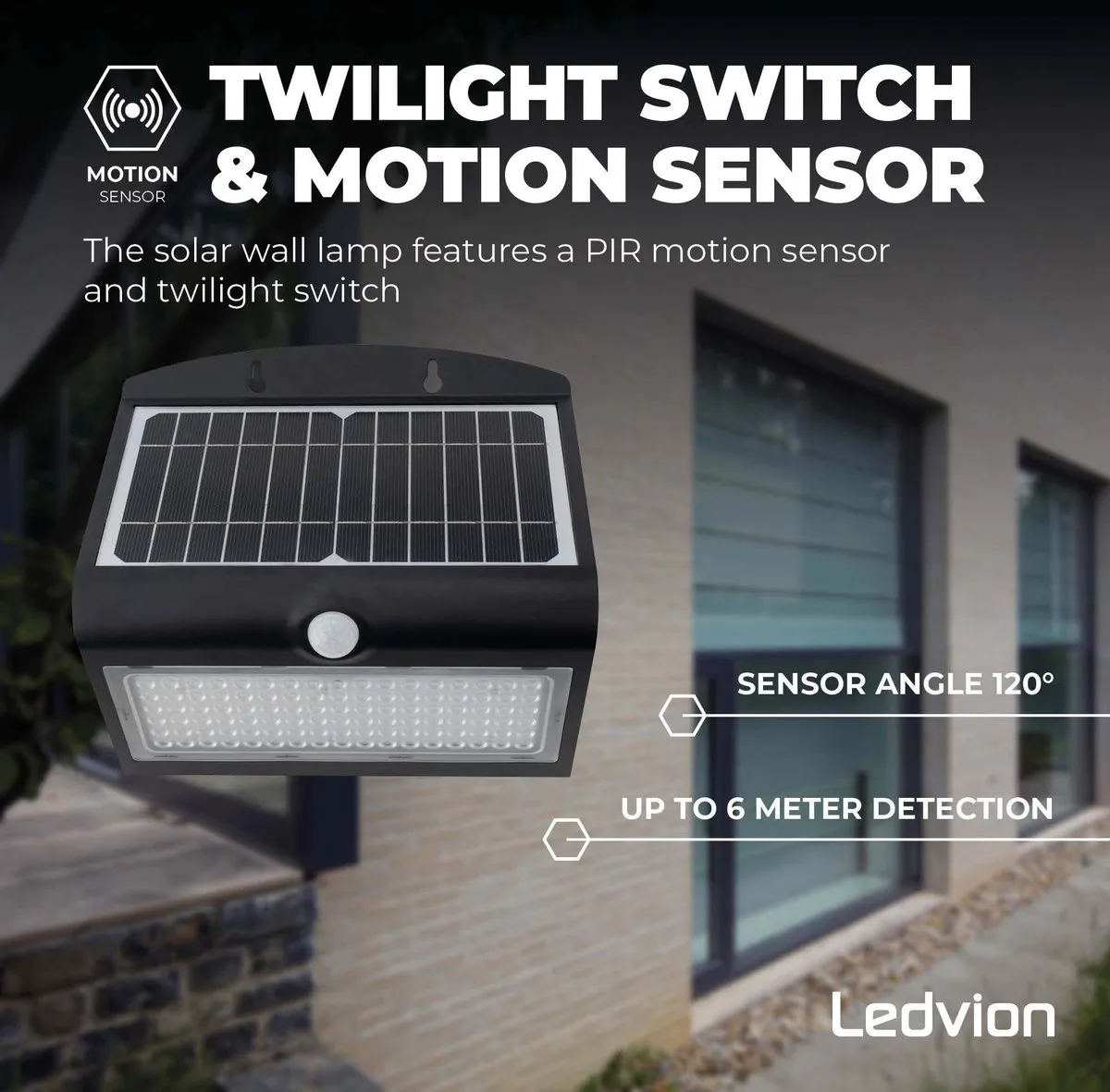 Ledvion Solar LED Wandlamp 8W 3000K - IP65 Zwart - afbeelding 6 van 6