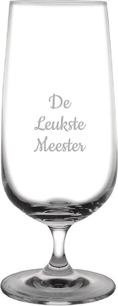 Gegraveerde bierglas op voet 41cl De Leukste Meester