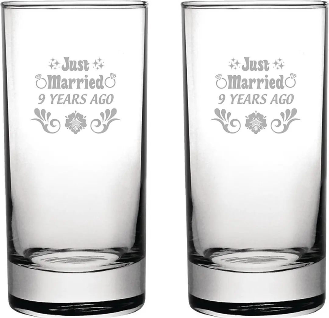 Gegraveerde set longdrinkglazen 28,5cl Just Married 9 years ago