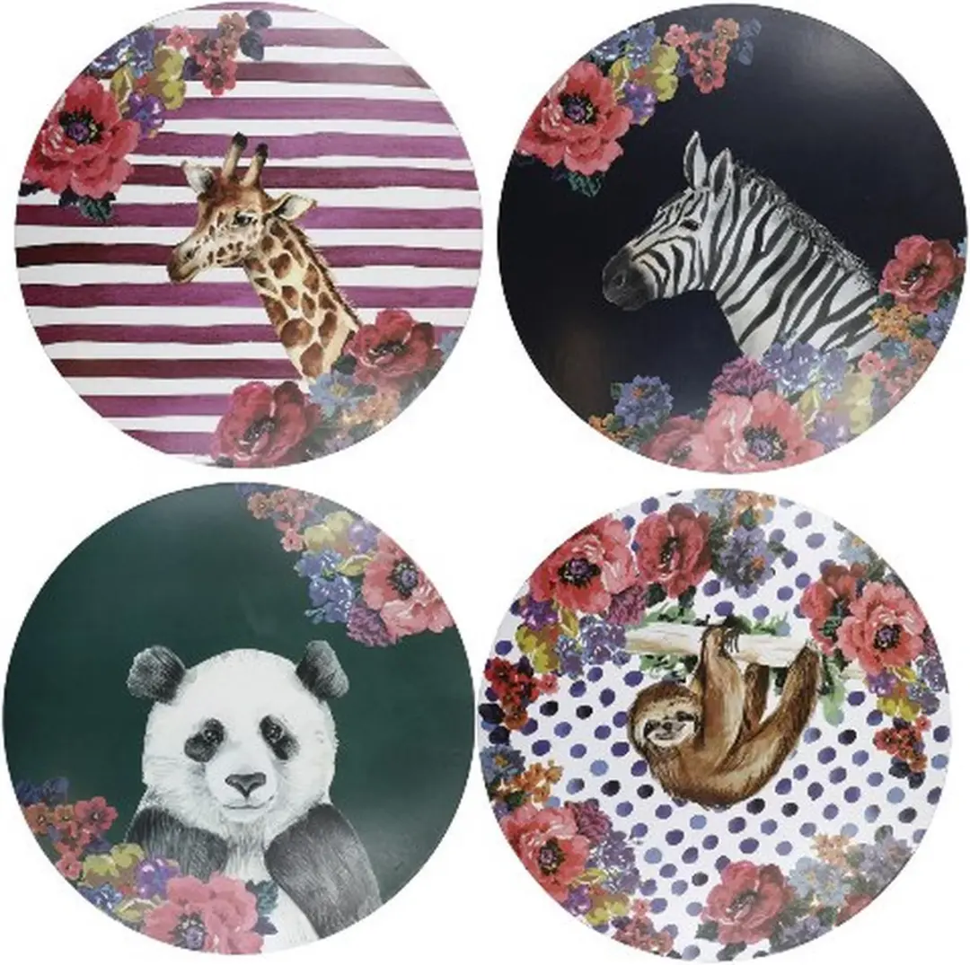 Placemats, Set van 4 Stuks, Rond, Kurk, Handgeschilderd, 29 CM, Dieren