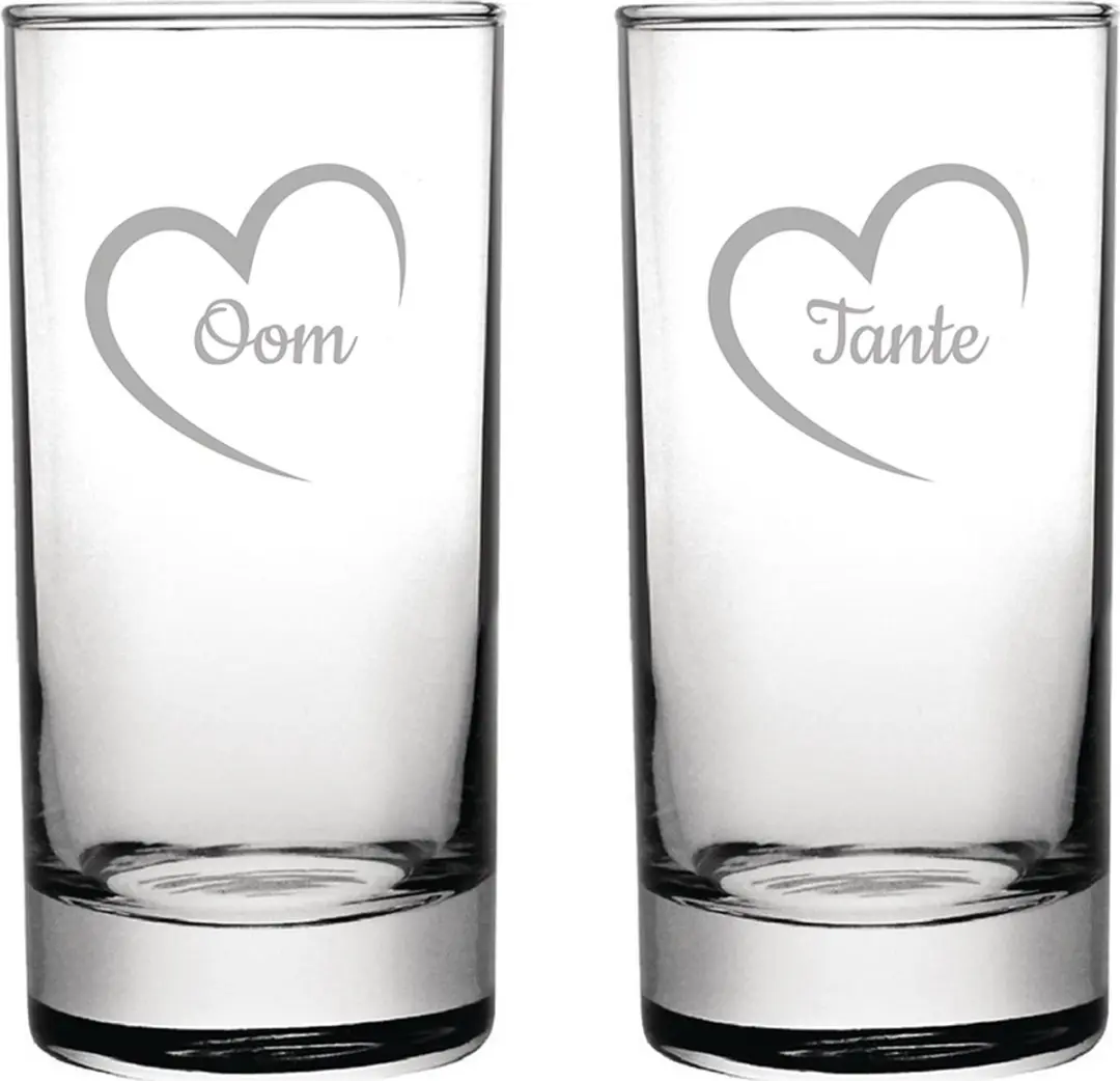 Gegraveerde longdrinkglas 28,5cl Tante met hartje & Oom met hartje