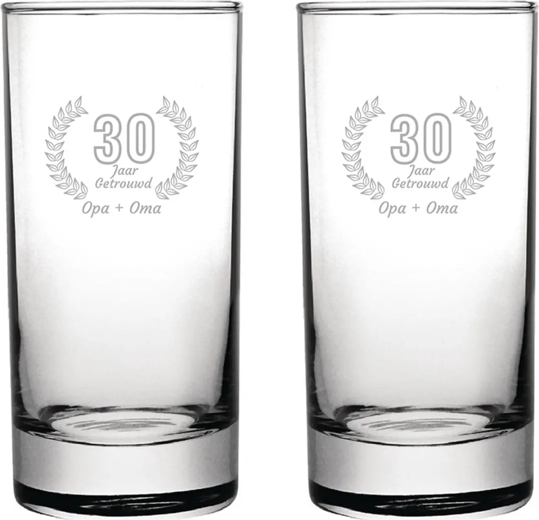 Gegraveerde set Longdrinkglazen 28,5cl Opa + Oma 30 jaar getrouwd