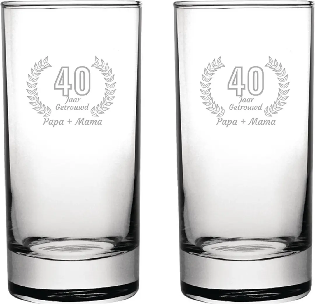 Gegraveerde set Longdrinkglazen 28,5cl Papa + Mama 40 jaar getrouwd