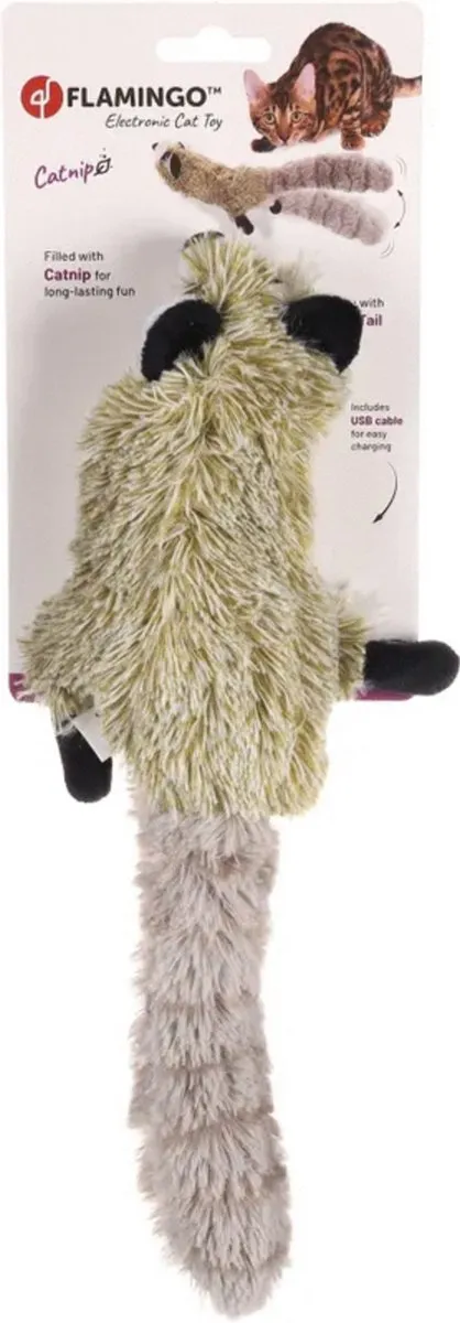 Flamingo Flapso Bewegende Wasbeer Kattenspeelgoed 36x15cm Grijs