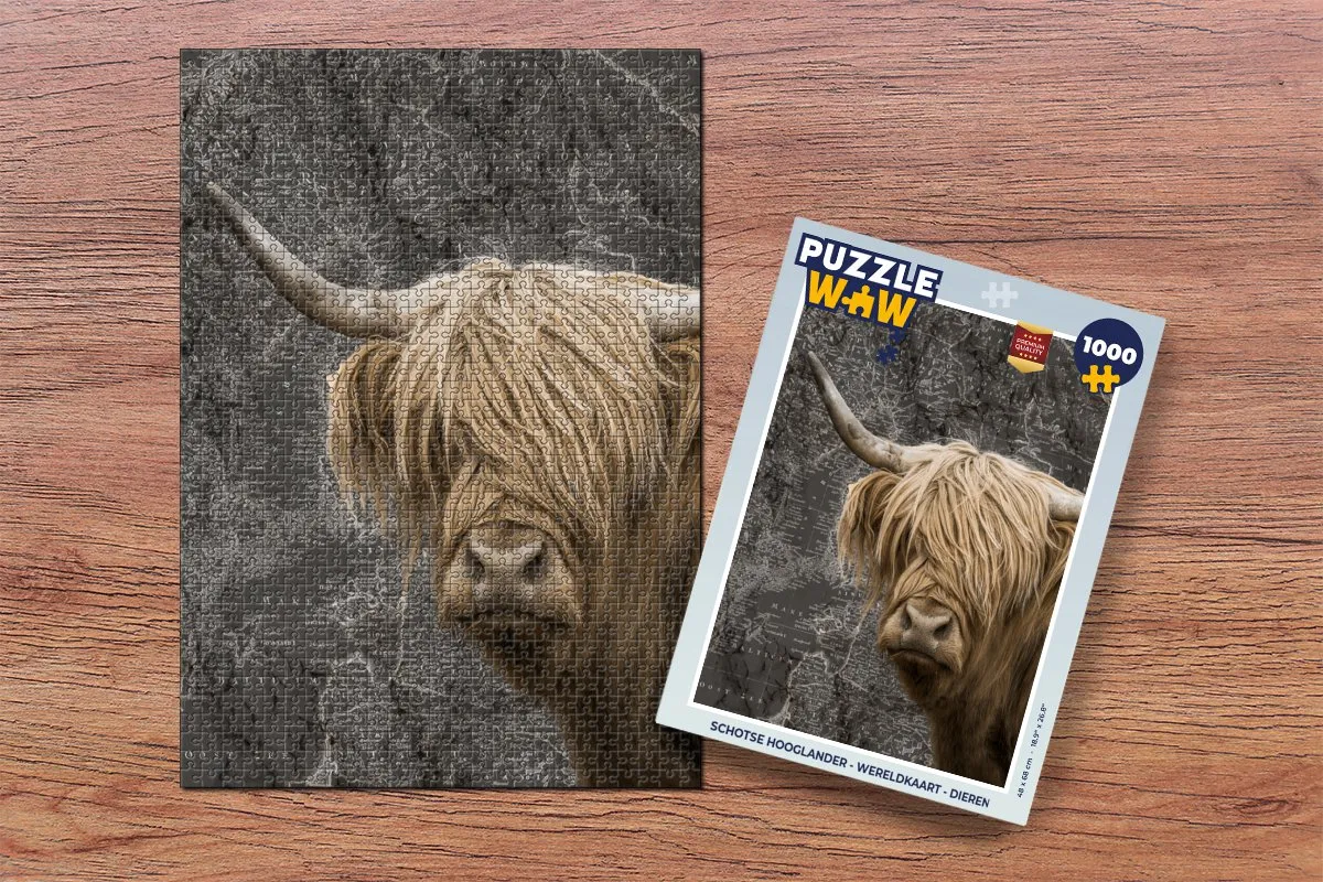 PuzzleWow Schotse Hooglander Wereldkaart Legpuzzel 1000 Stuks - Multicolor