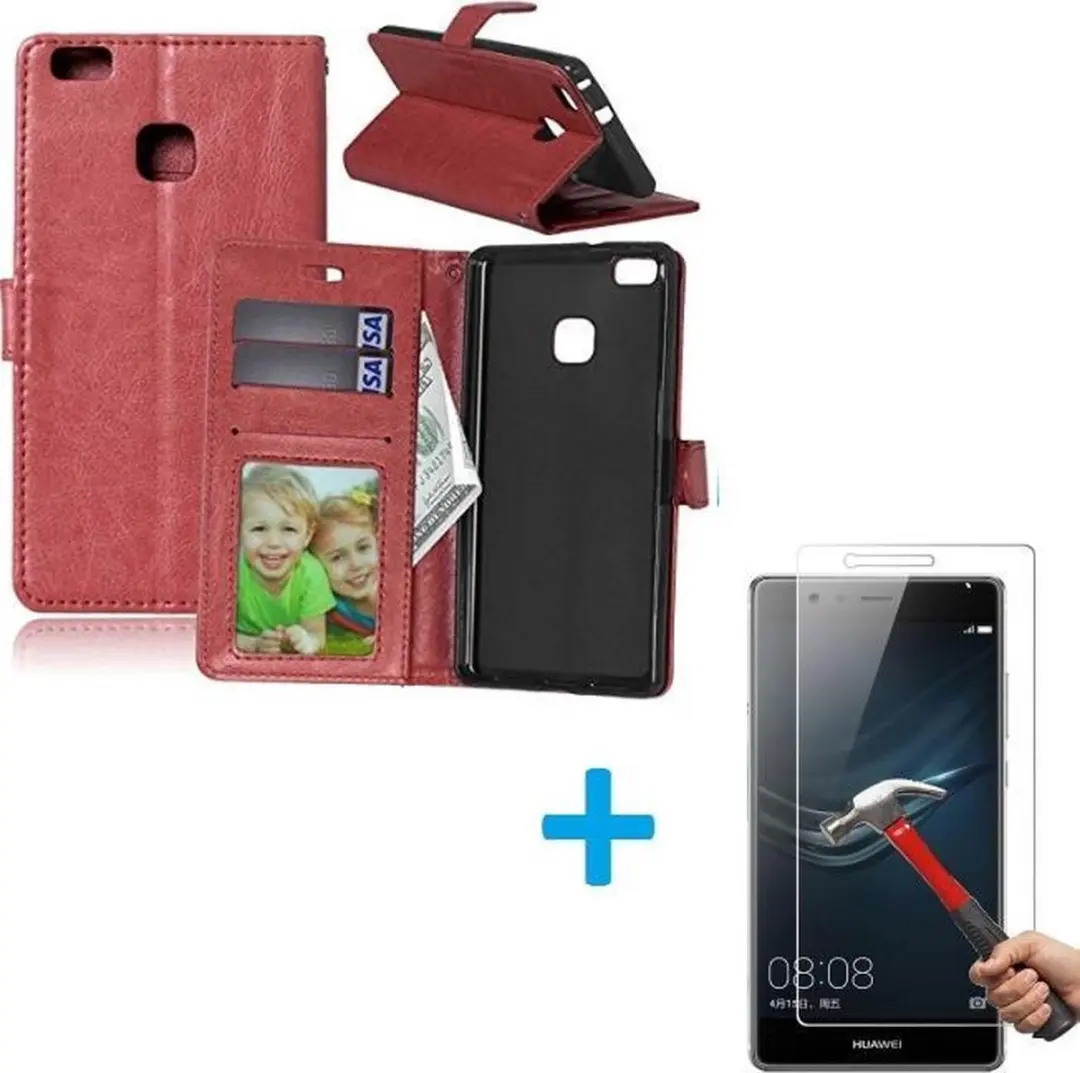 Telefoonhoesje Geschikt voor: Huawei P9 Portemonnee hoes bruin met Tempered Glas