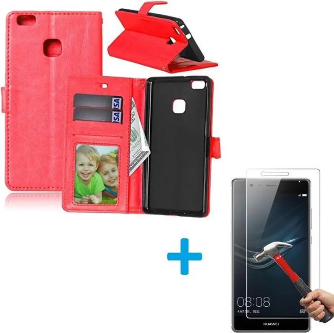 Telefoonhoesje Geschikt voor: Huawei P9 Portemonnee hoes rood met Tempered Glas