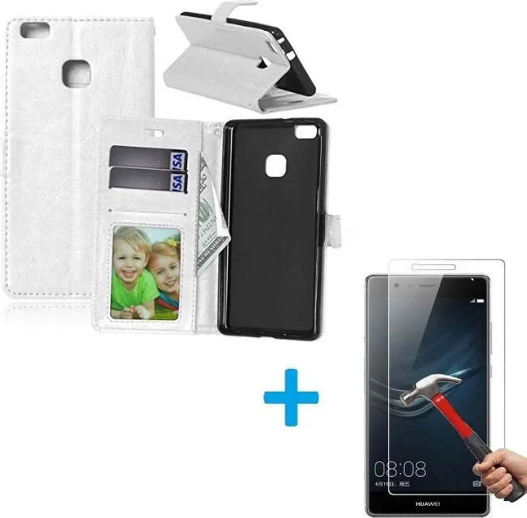 Telefoonhoesje Geschikt voor: Huawei P9 Portemonnee hoes wit met Tempered Glas S