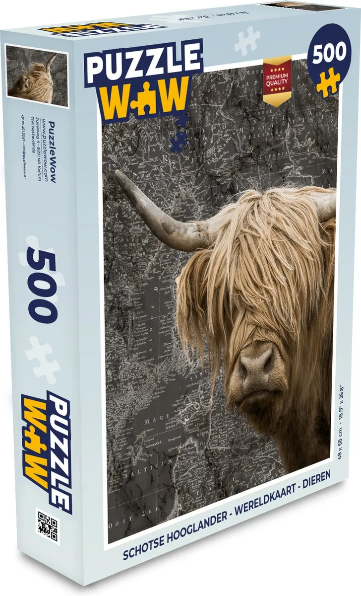 PuzzleWow Schotse Hooglander Wereldkaart Legpuzzel 500 Stuks