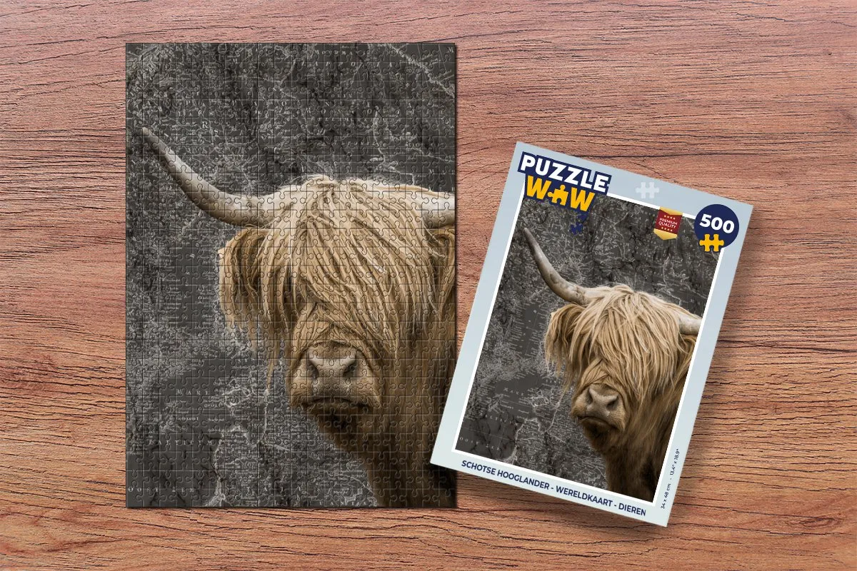 PuzzleWow Schotse Hooglander Wereldkaart Legpuzzel 500 Stuks - Multicolor