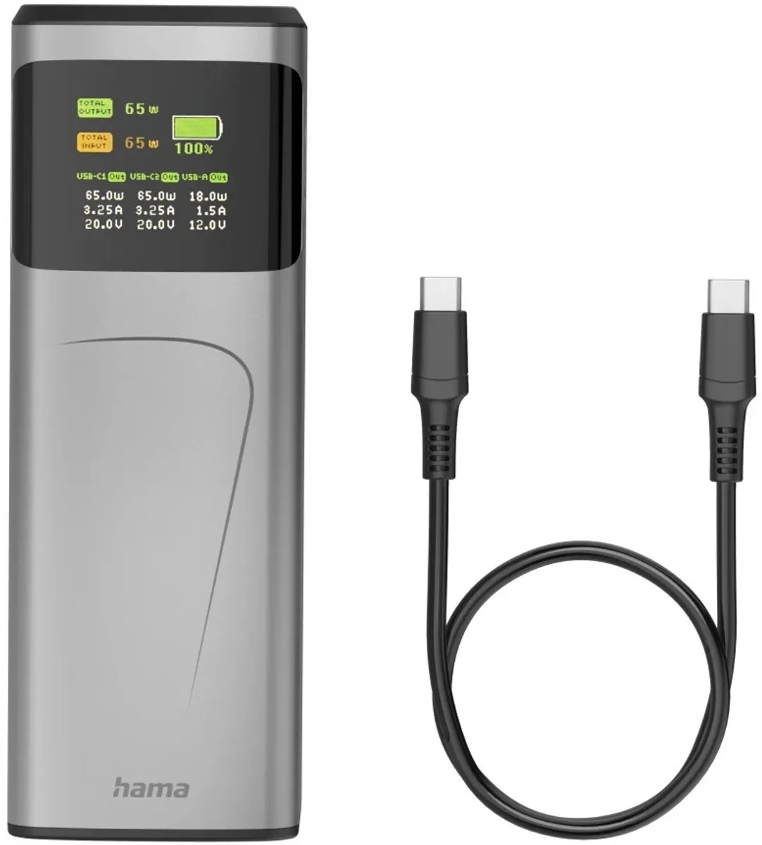 Hama Powerbank 20000mAh 65W - 2x USB-C 1x USB-A - Grijs