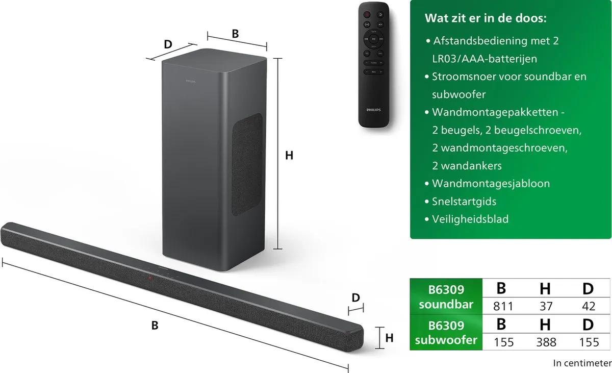 Philips TAB6309 Soundbar 2.1 - Draadloze subwoofer - Grijs