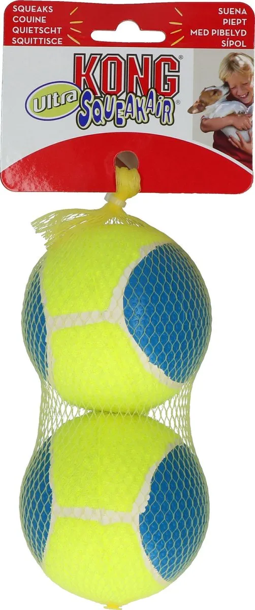 KONG Ultra SqueakAir Bal - Medium 6,5 cm - Geel/Blauw - 3 Stuks - afbeelding 6 van 6