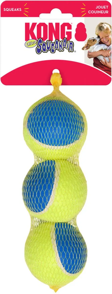 KONG Ultra SqueakAir Bal - Medium 6,5 cm - Geel/Blauw - 3 Stuks