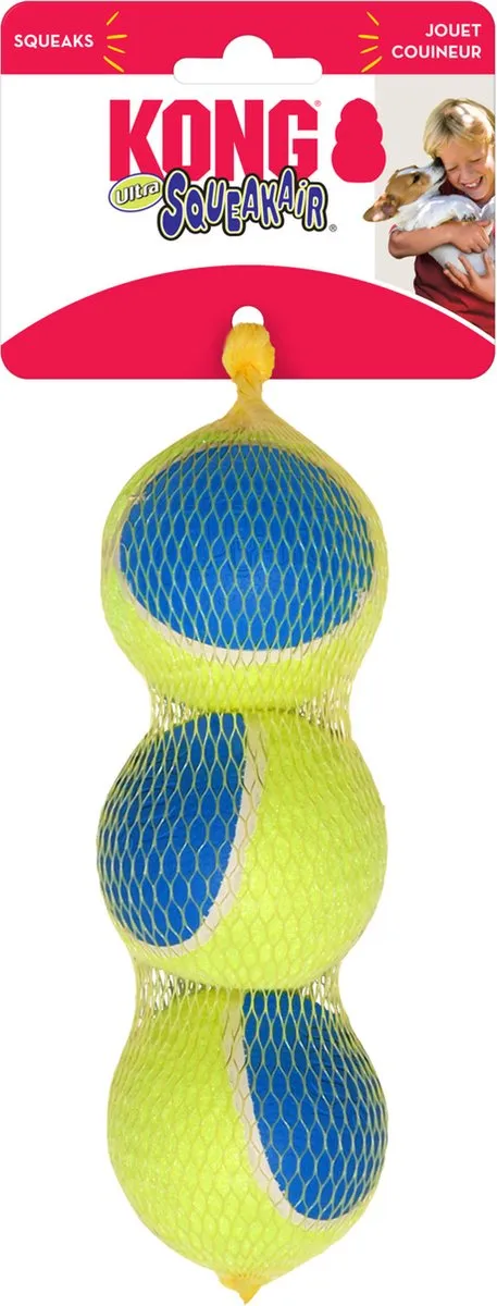 KONG Ultra SqueakAir Bal - Medium 6,5 cm - Geel/Blauw - 3 Stuks