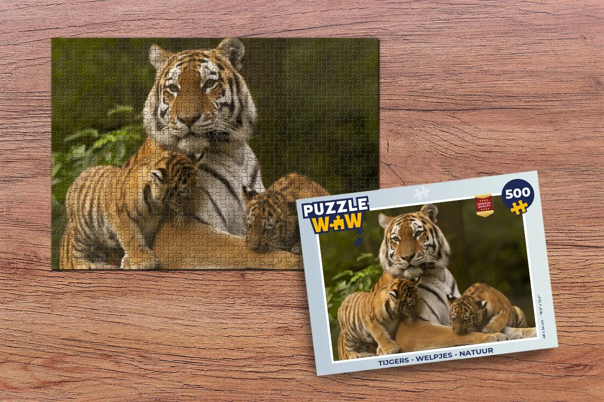 PuzzleWow Tijgers Welpjes Natuur Legpuzzel 500 Stuks - Multicolor