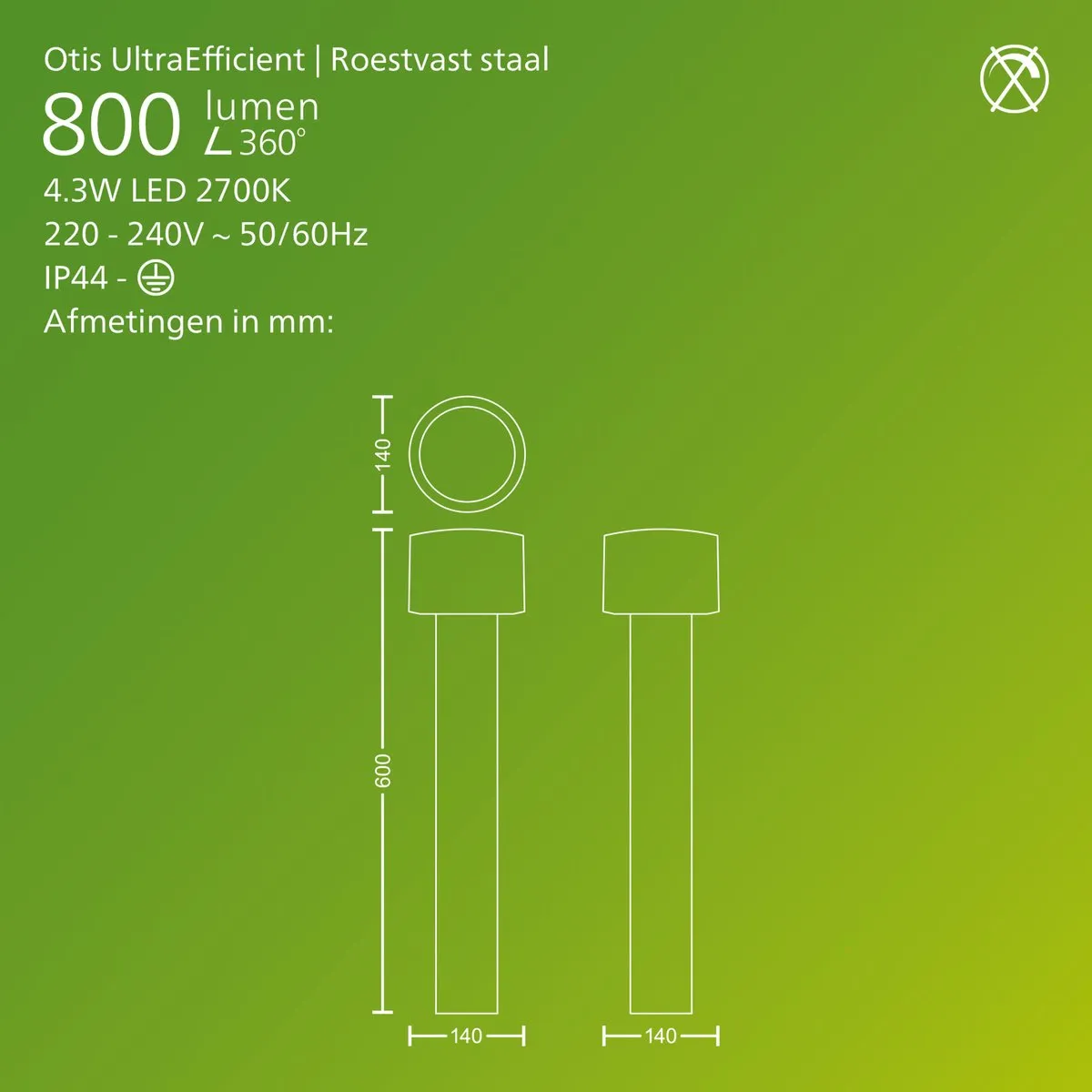 Philips Otis Sokkellamp 4.3W Warmwit - Roestvast staal