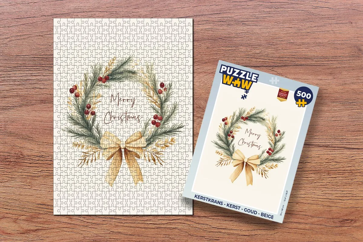 PuzzleWow Kerstkrans Legpuzzel 500 Stuks - Goud/Beige