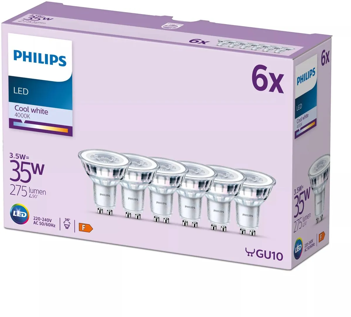 Philips LED Spot GU10 Koelwit 3.5W - 6 Stuks