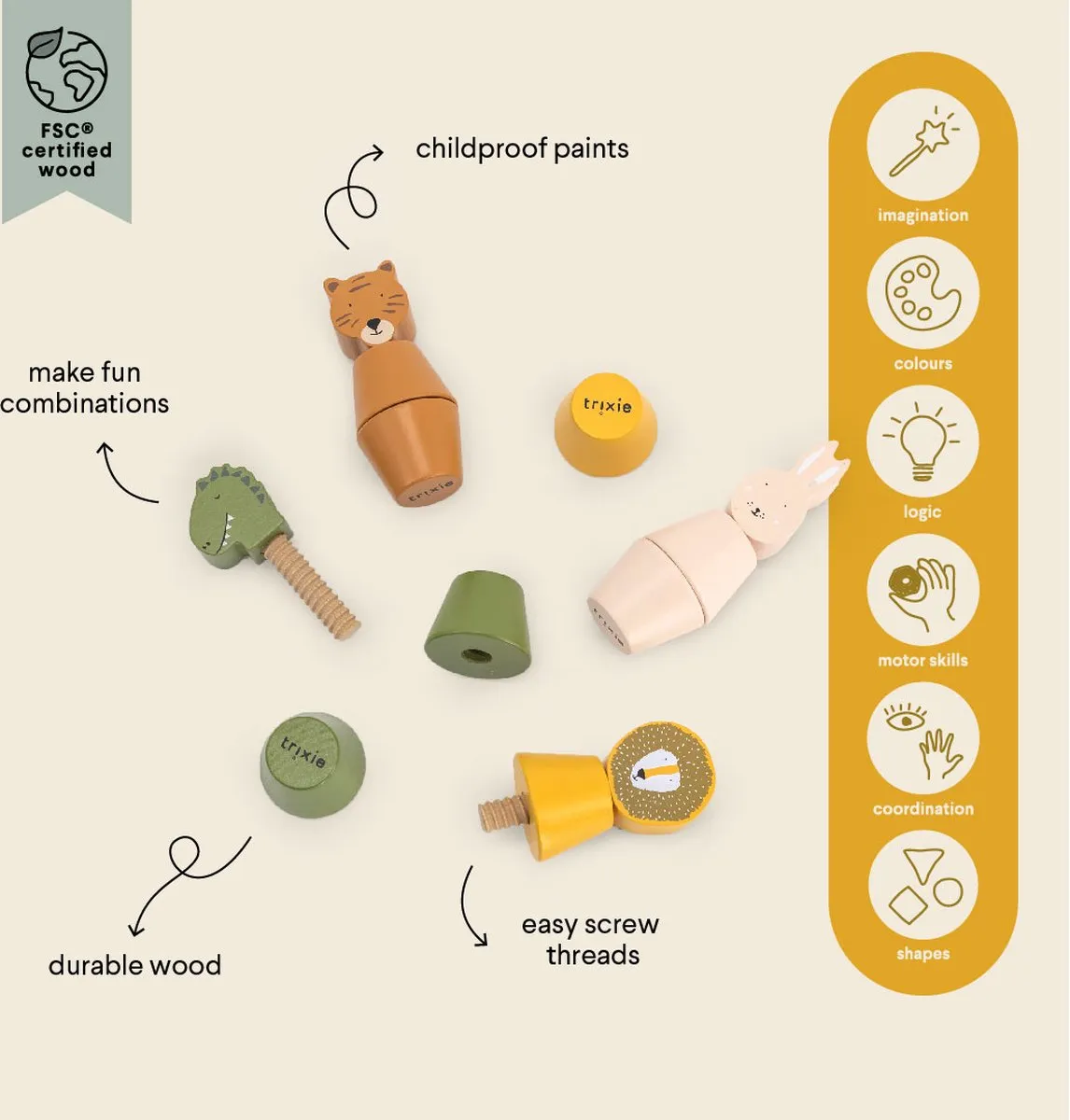Trixie Houten Schroefdieren - 4 Dierenpopjes - Multi kleuren