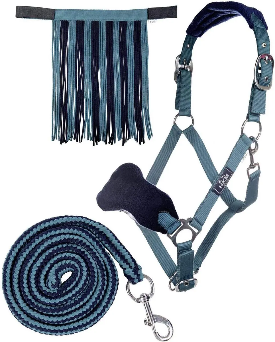 HKM 10733 halsterset, halster vliegenfranjes gebreid 180 cm karabijnhaak, petrol