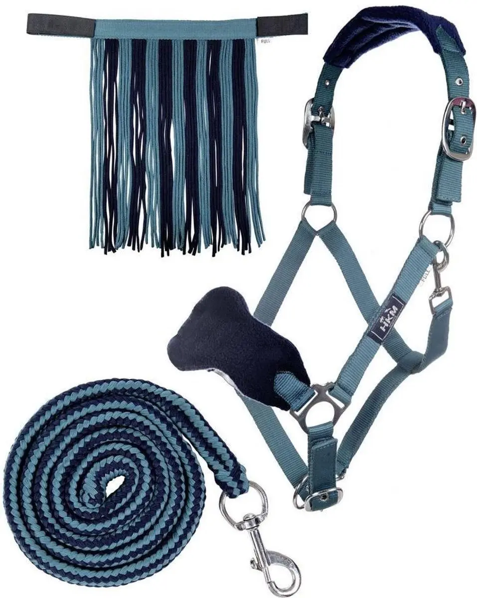 Halsterset met touw met karabijnhaak & vliegenfrontriem full petrol/navy