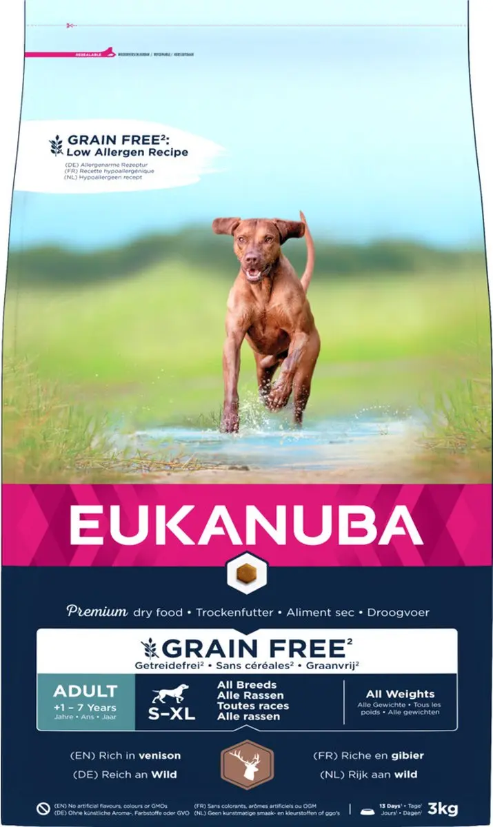 3x Eukanuba Hondenvoer Graanvrij Hert Adult All Sizes 3 kg