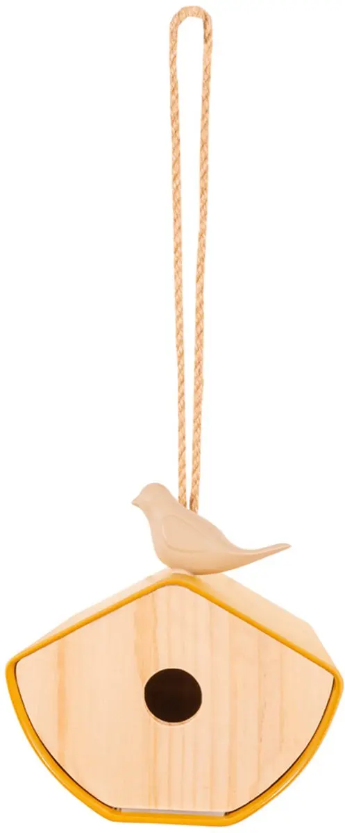 Point-Virgule vogelhuisje uit bamboevezel okergeel met vogel, opening 28mm, 16x1