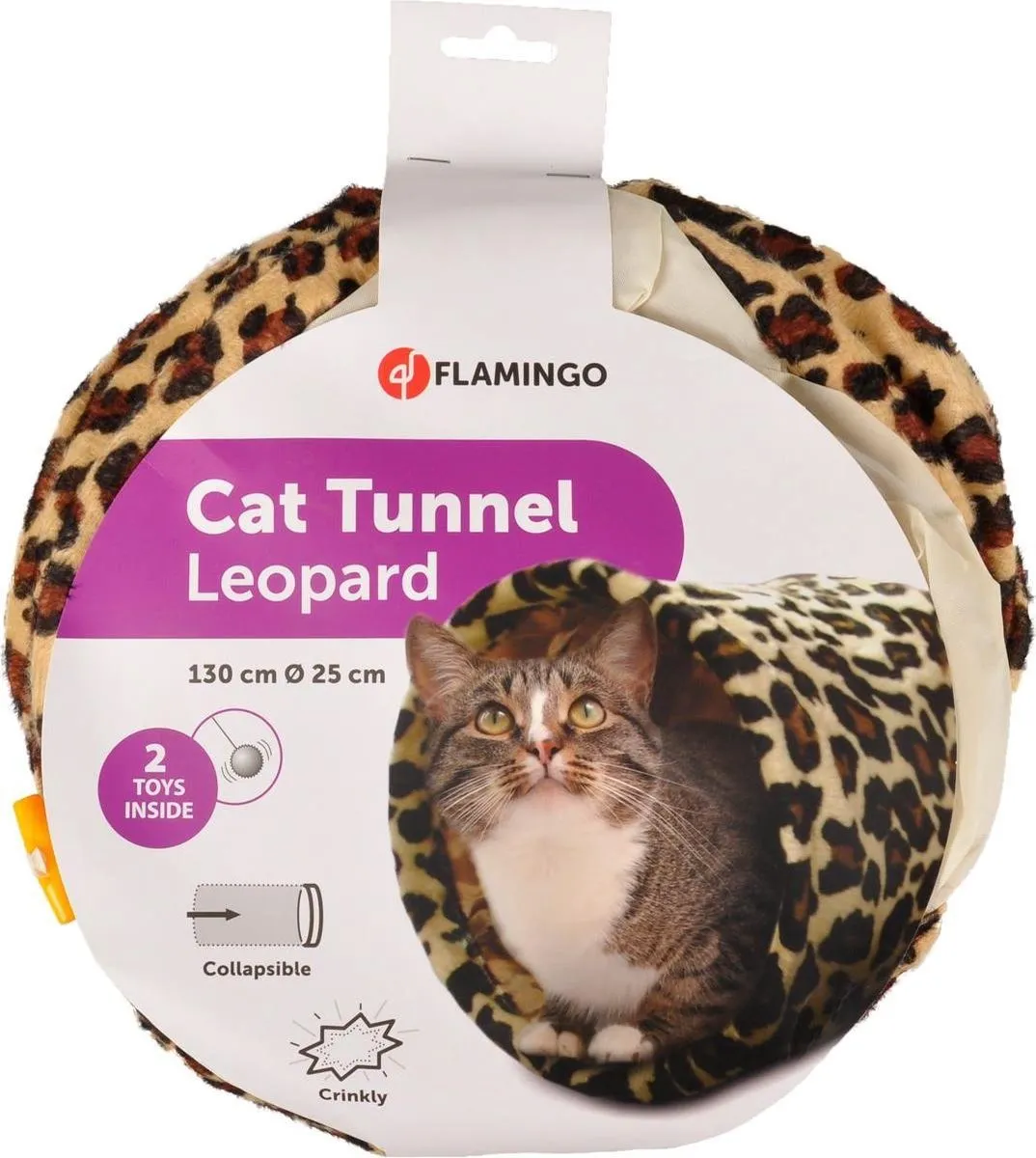 Flamingo Leopard Kattentunnel 130x25cm - Opvouwbaar - 4 Ingangen