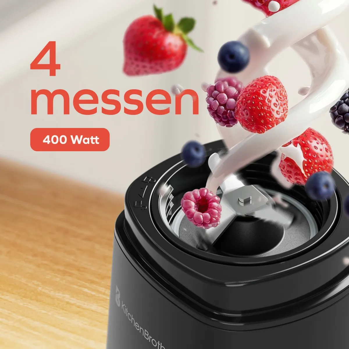 KitchenBrothers Mini Blender 400W - 2x To-Go Bekers 600ml - Zwart