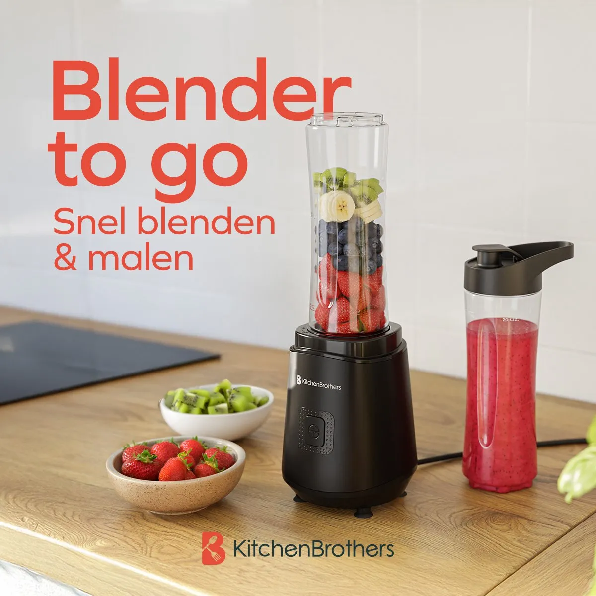 KitchenBrothers Mini Blender 400W - 2x To-Go Bekers 600ml - Zwart