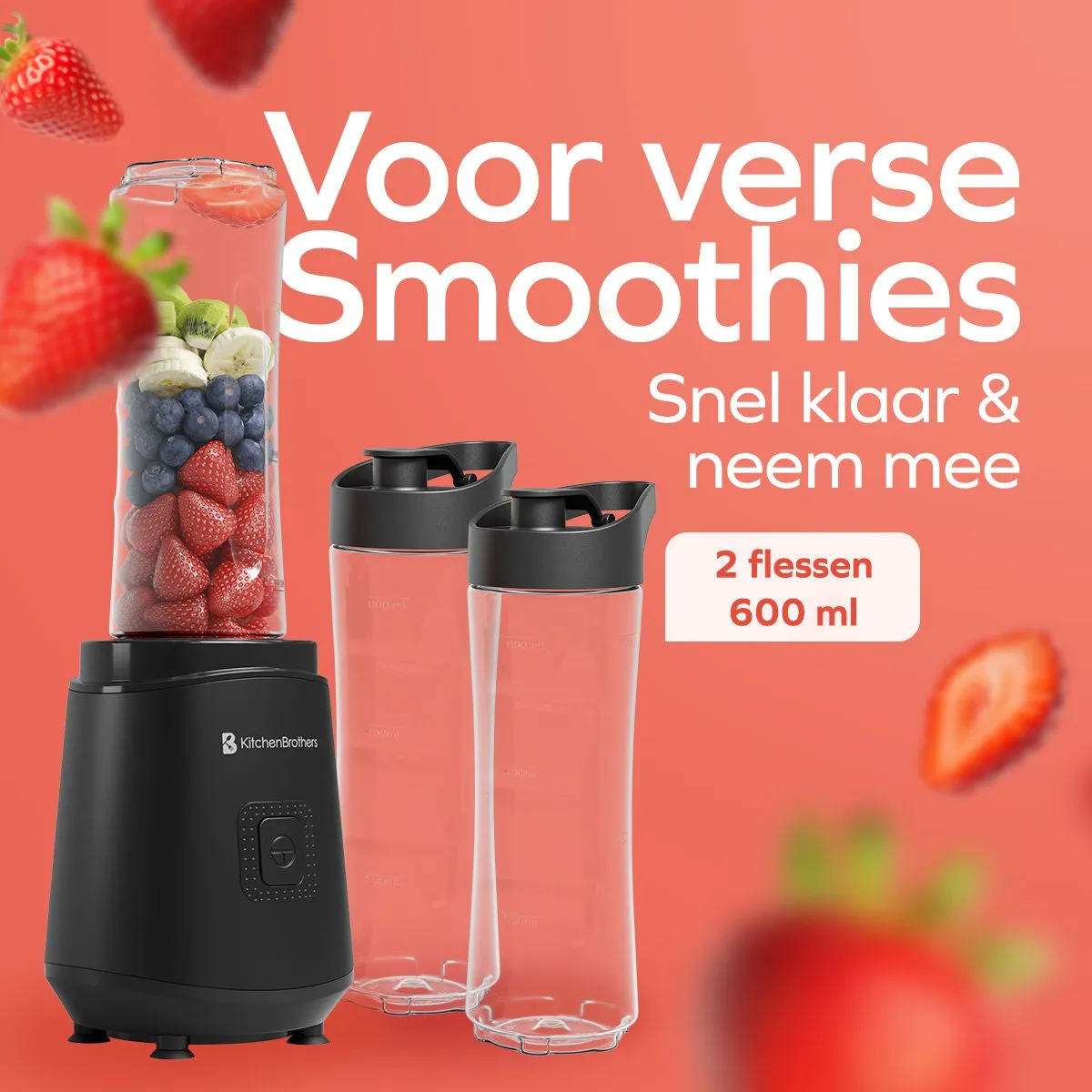 KitchenBrothers Mini Blender 400W - 2x To-Go Bekers 600ml - Zwart